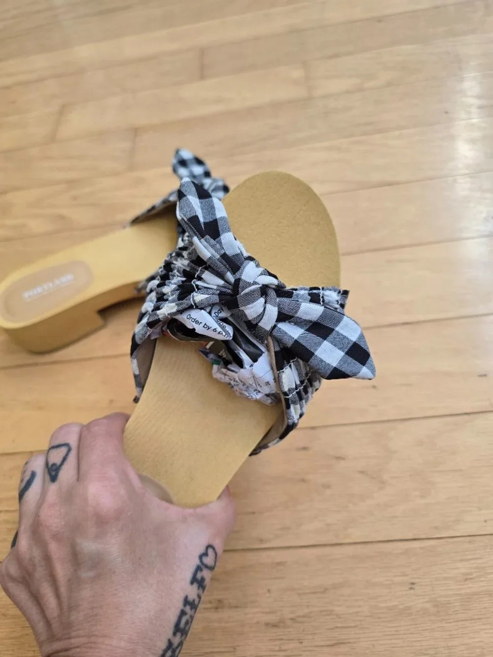 Portland Boot Company | Callie gingham black white bow platform sandals | WMS 8